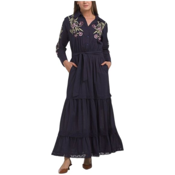 SOLITAIRE Long Sleeve Embroidered Floral Tiered Maxi Dress With Belt - Picture 1 of 3